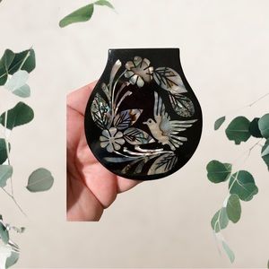 Compact Mirror Enameled Mother of Pearl Inlaid, Hinged Wood, Bird Spring Floral